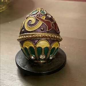 Vintage Decorative Jeweled Egg Trinket Box - Purple, Green & Gold 2.5”